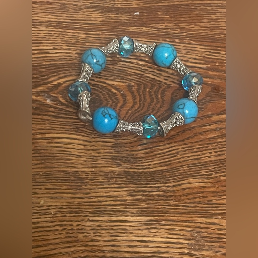 SILVER tone & Faux Turquoise Stones And Crystals Bracelet Stretchy For Good Luck